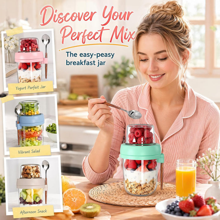 4er Müslibecher To Go mit Löffel, Overnight Oats Gläser, Joghurtbecher mit Doppelschicht-Design, Tro