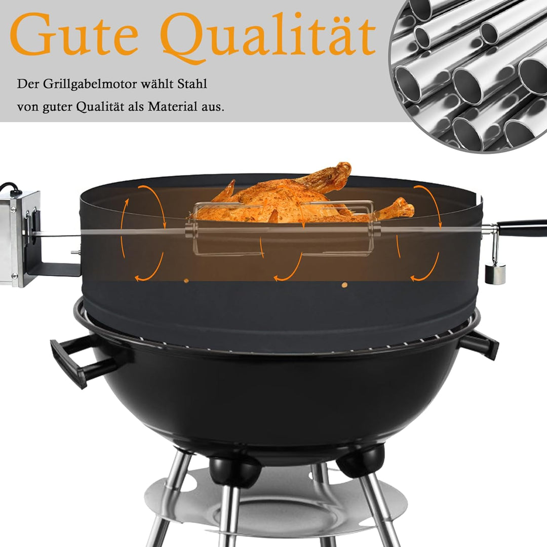 YUENFONG Drehspiess mit Motor Universal Grillspiess-Aufsatz Set für Kugelgrill, Grillspiess aus Edel
