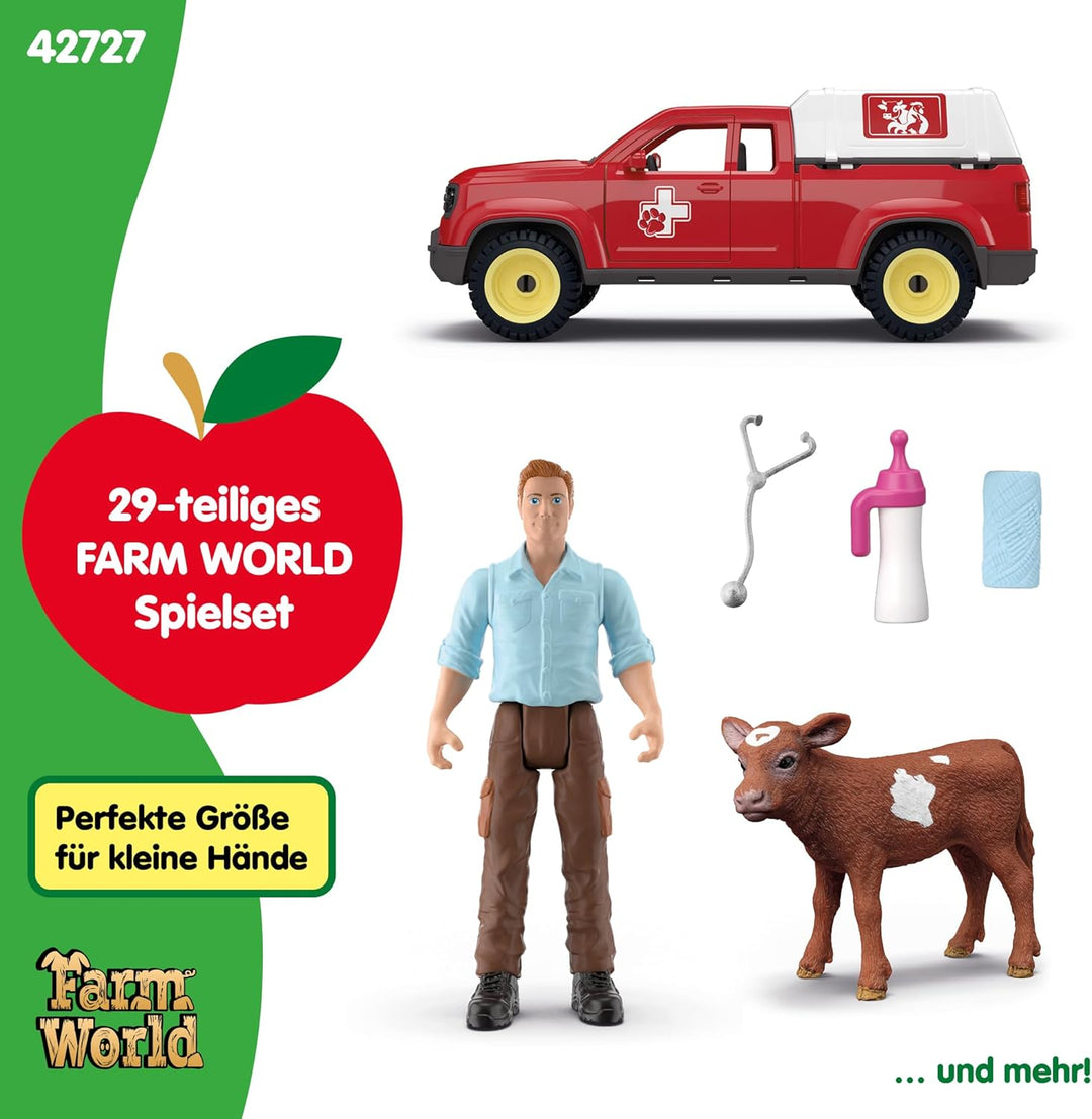 schleich FARM WORLD | Tierarzteinsatz auf dem Bauernhof 42727 | Set inkl. Pick-up, Tierarzt, Kuh & Z
