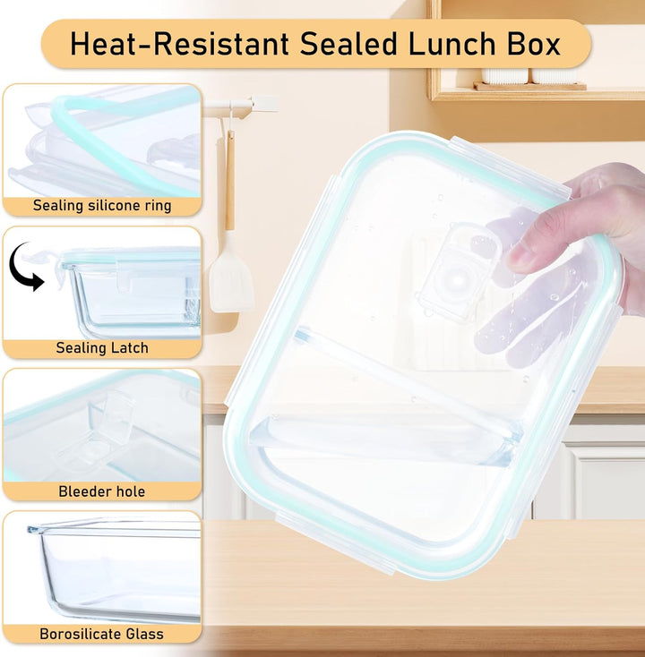 LXUDN Meal Prep Boxen Glas 2 Fächer & 3 Fächer - Mealprepboxen Glas (3 Behälter + 3 Deckel) - Vorrat