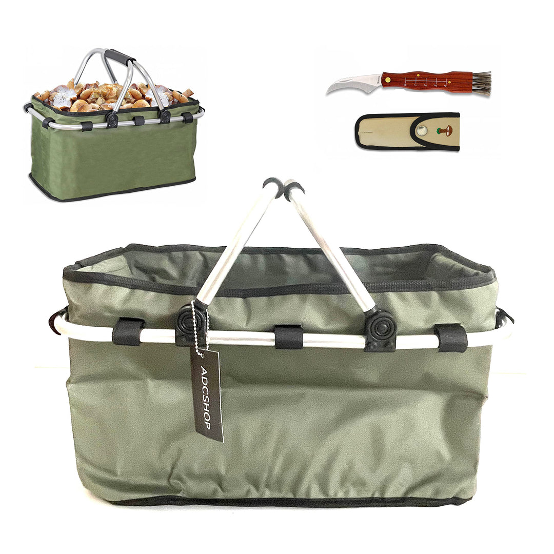 ADCSHOP - Pilzkorb und Pilzmesser Set zum Sammeln von Pilzen und Früchten - faltbar, strapazierfähig