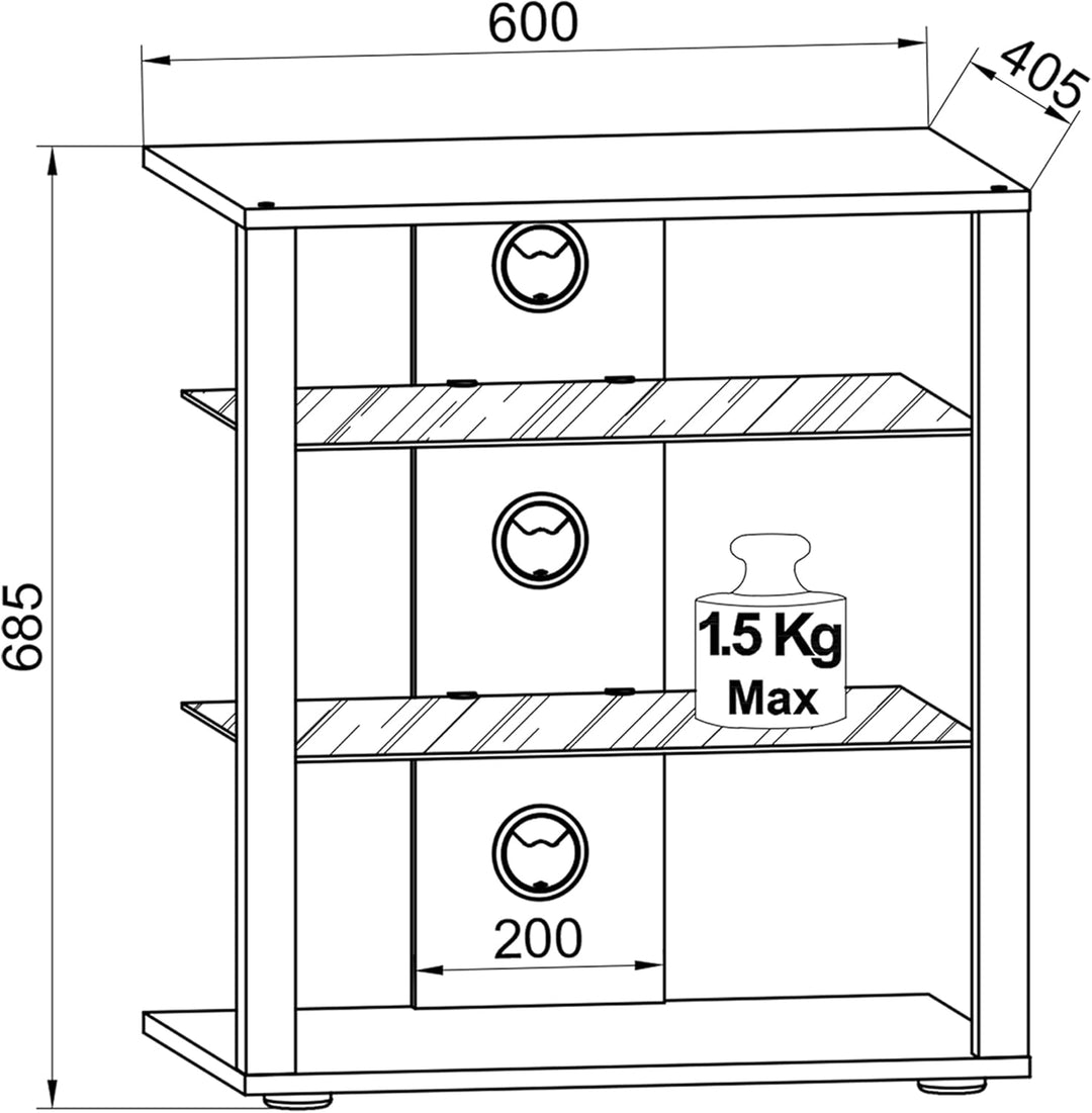 VCM HiFi Holz Möbel | Rack Schrank Phono Regal mit Rollen | 2 Glasböden | Masse: H. 70 x B. 60 x T.