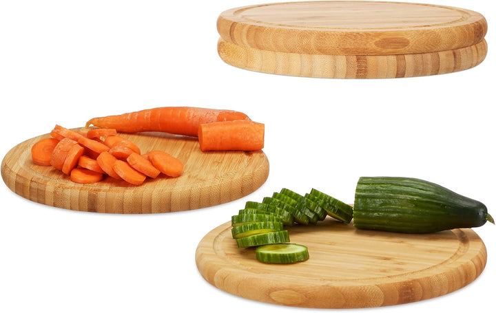 Relaxdays Frühstücksbrettchen rund 4er Set, Bambus, 30 cm, Küchenbrett, pflegeleicht, natürlich, mes