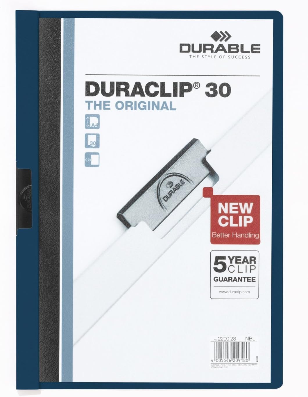 Durable Klemm-Mappe Duraclip Original 30, Hartfolie, bis 30 Blatt A4, nachtblau, 25er Packung, 22002