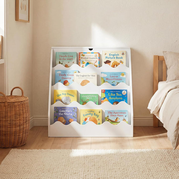 COSTWAY 4 stufiges Kinder Bücherregal, Kinderregal mit aufklappbaren Fach & Schublade auf Rollen, Sp