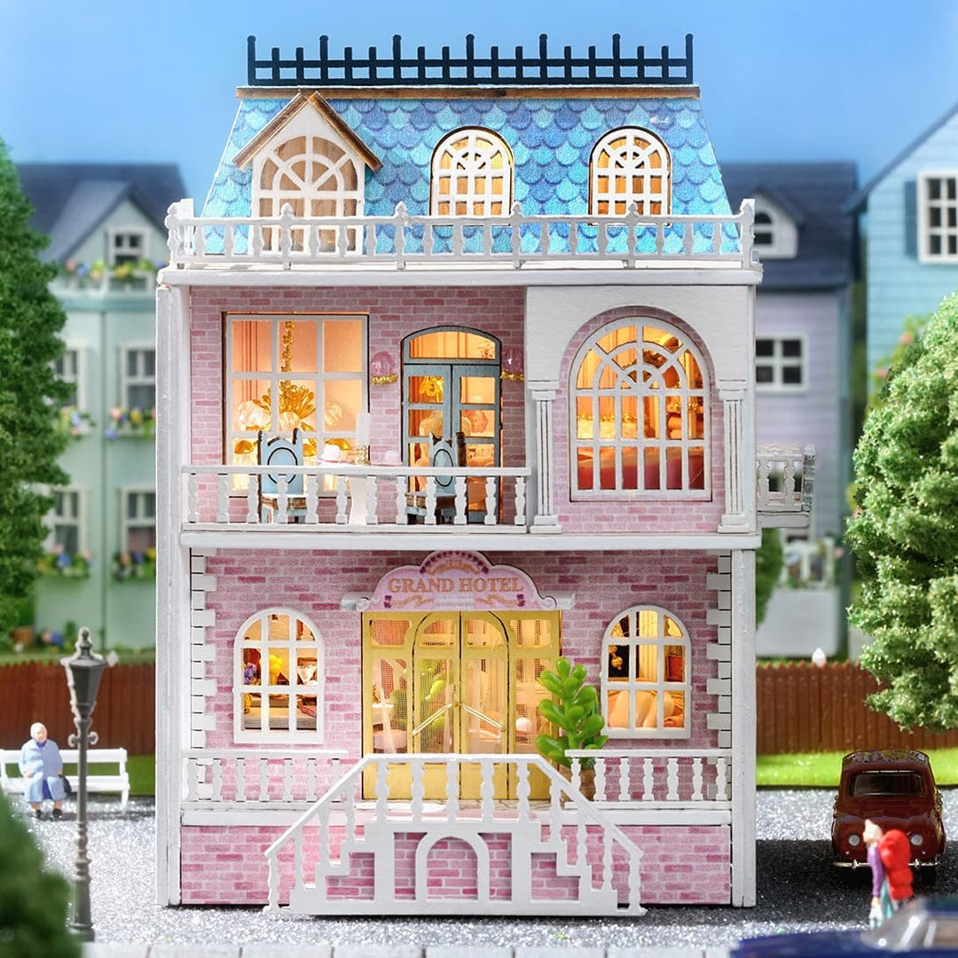 CUTEROOM Miniatur Haus, DIY Puppenhaus Set aus Holz, Mini Hausbau-Set mit Möbeln und LED Licht, Gebu