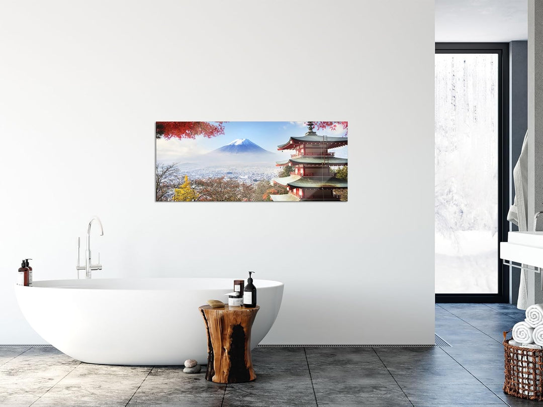 Glasbild Panorama | Wandbild aus Echtglas | Japanischer Tempel im Herbst | 120x50 cm | inkl. Aufhäng