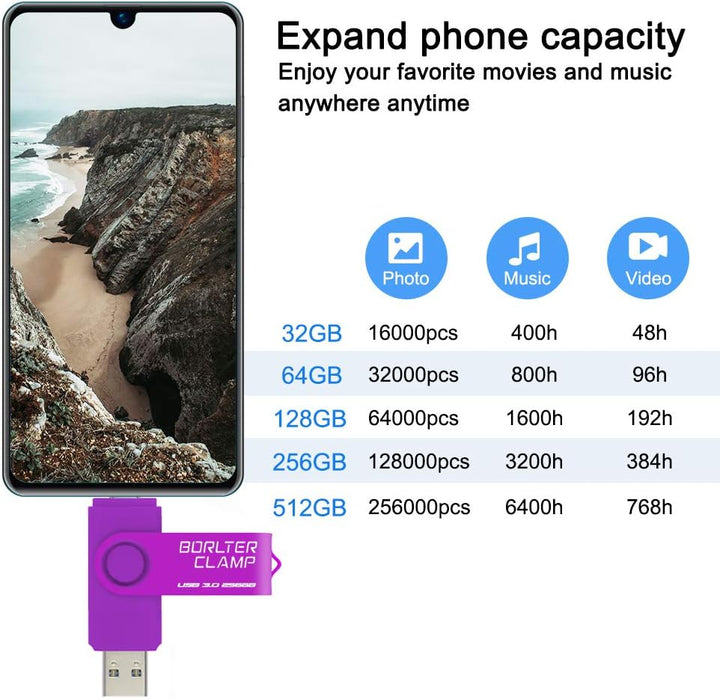 BORLTER CLAMP 256GB USB-Stick 2 in 1 Dual Port USB 3.0 Speicherstick OTG Flash-Laufwerk für Micro-US