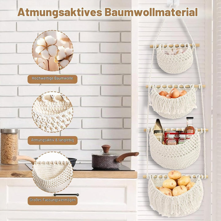 Yiomxhi 4 Stöckig Hängender Organizer Wand Hängekorb, Baumwollseil Hängeorganizer Tür Wandkorb mit 4