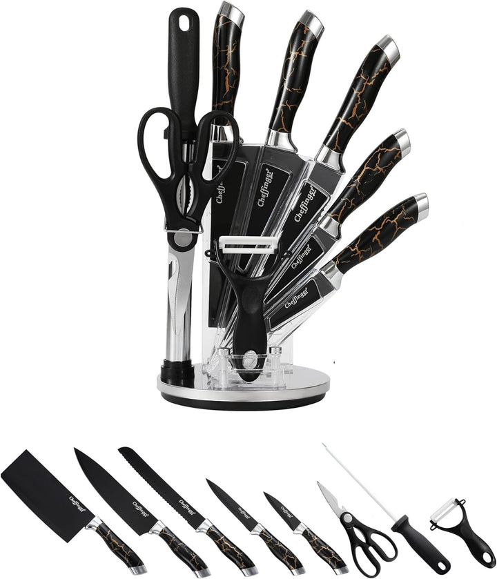 Messer-Set Kochmesser Küchenmesser mit Messerständer 9-tlg. Rungassi Marmor Silber KS 09