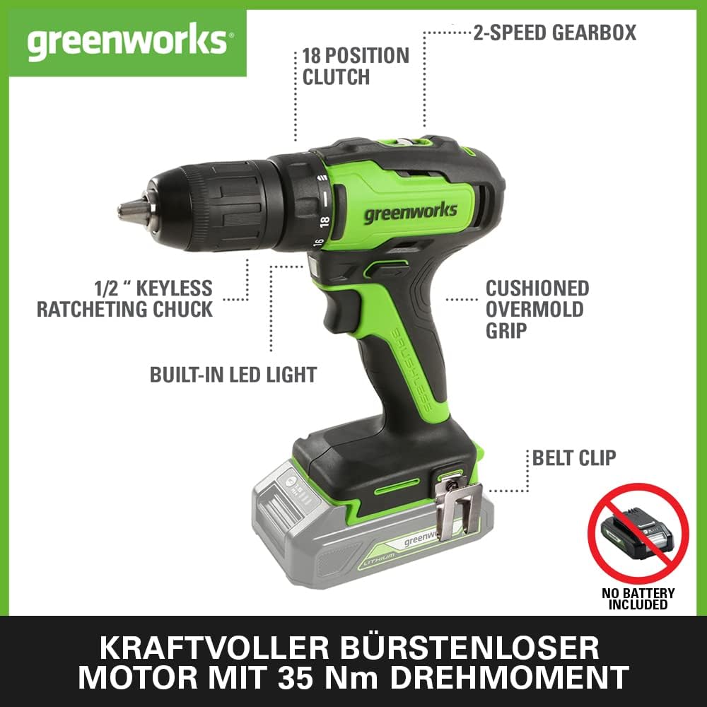 Greenworks GD24DD35 Akku Bohrschrauber mit bürstenlosem Motor, 0-1450 U/min, 2 Stufen, 35 Nm Drehmom