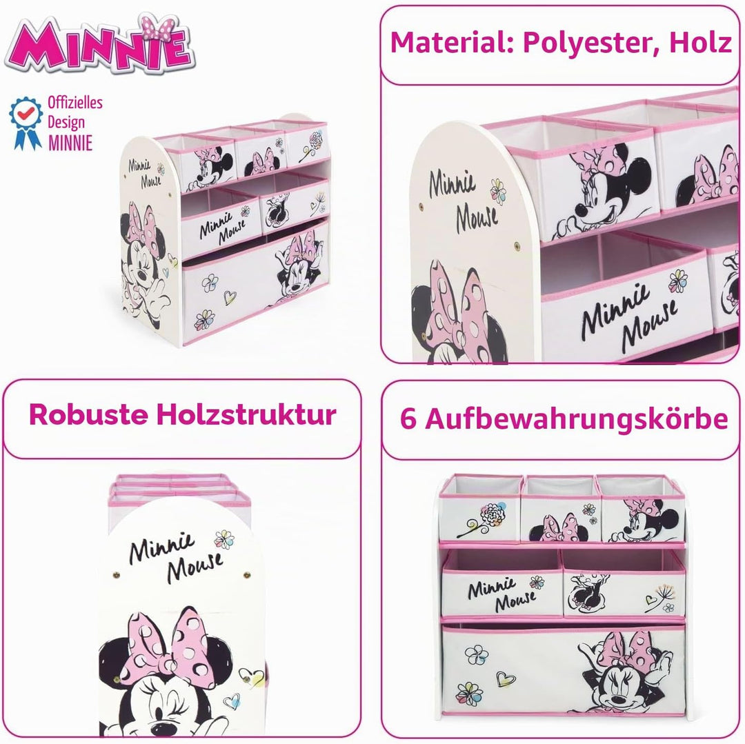 ARDITEX – Organizer aus Holz mit 6 Textilboxen mit Minnie-Mouse-Motiv von Disney – 62x30x60cm – Farb