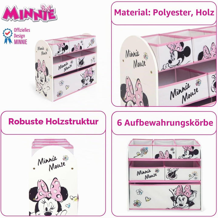 ARDITEX – Organizer aus Holz mit 6 Textilboxen mit Minnie-Mouse-Motiv von Disney – 62x30x60cm – Farb