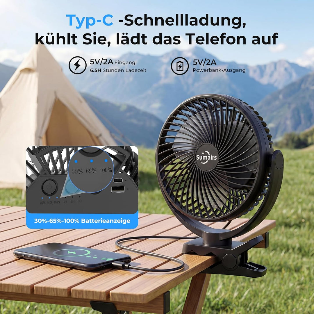 Sumairs 20cm Camping Ventilator,10000mAh Akku-Ventilator mit Fernbedienung & LED-Licht,Powerbank,3 G