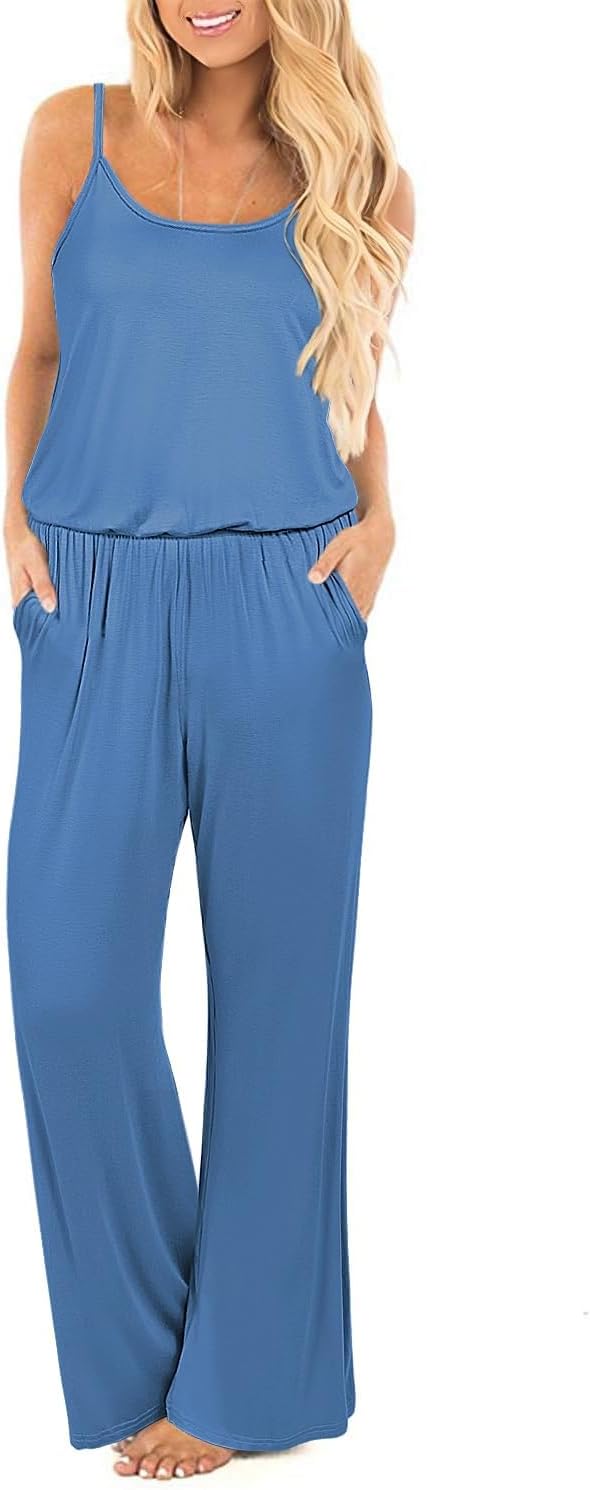 OUGES Damen Sommer Ärmellos Jumpsuit Overall Lang Hosenanzug Casual Playsuit Romper mit Taschen S Bl