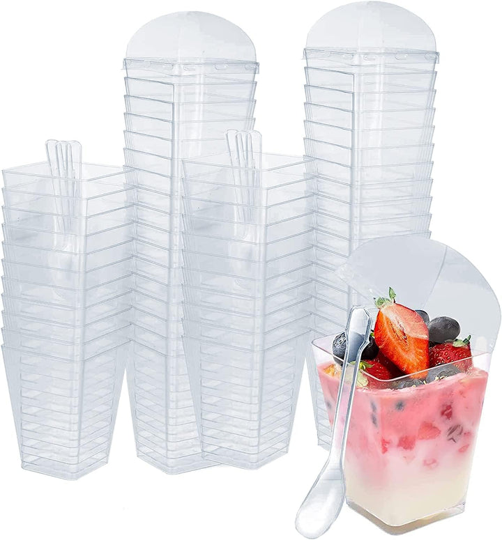 MIVIDE 100stk. Desserttassen mit Deckel und Löffeln, 150ml/5oz Dessertgläser Plastik, Quadratische D