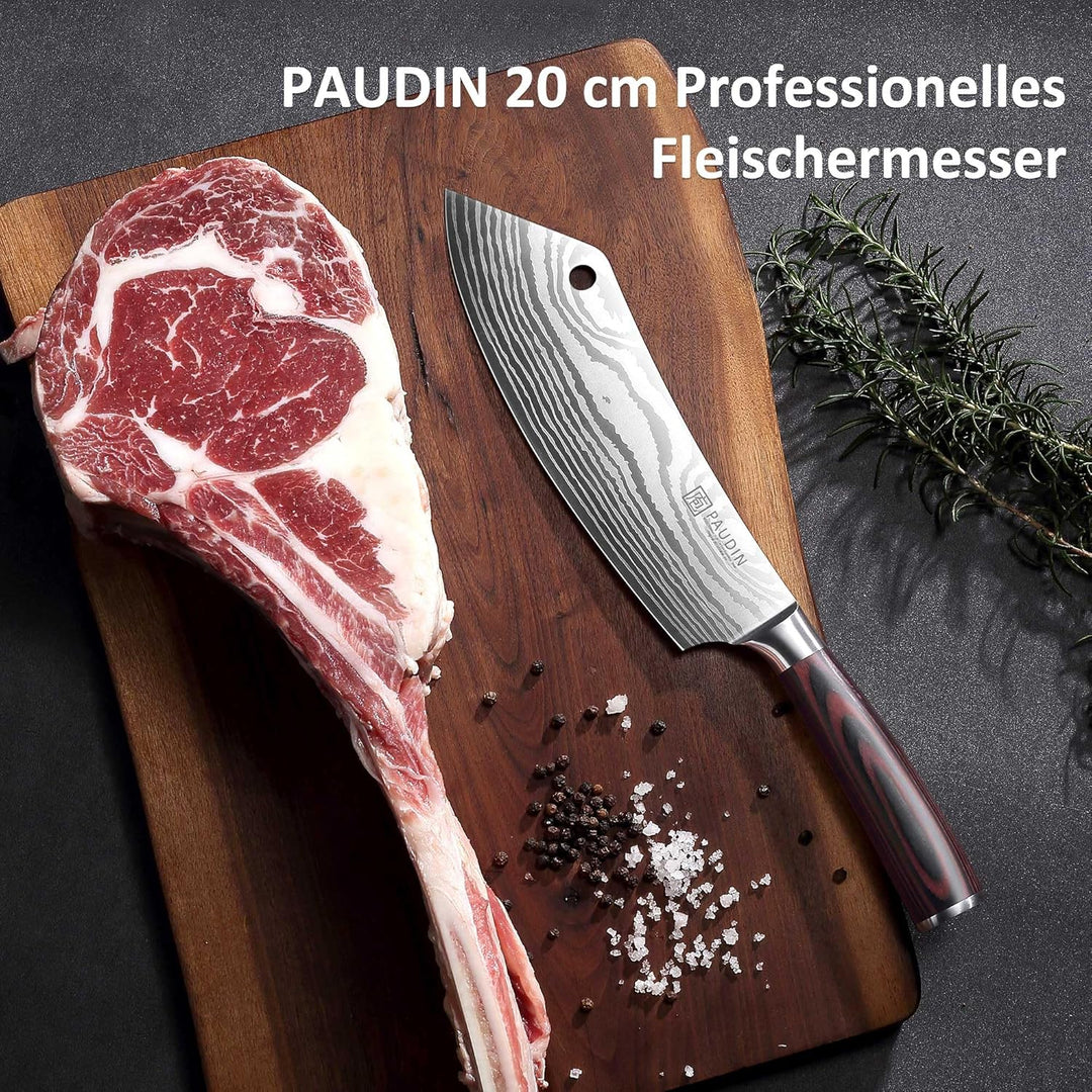 PAUDIN Hackmesser Japanisch Messer 20cm Küchenmesser als Ausbeinmesser Küchenbeil Kochmesser aus hoc