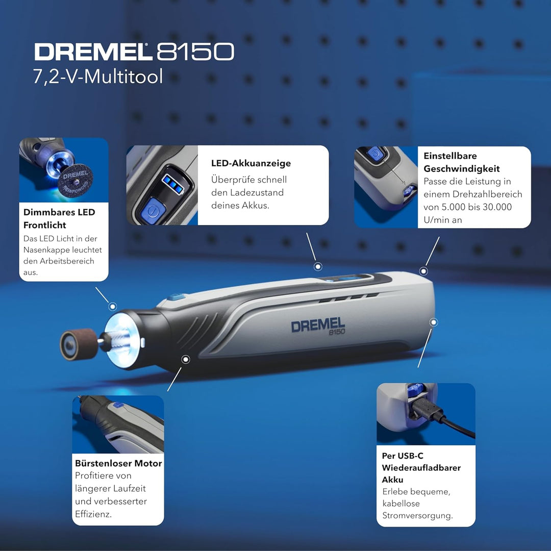 Dremel 8150 Bürstenloses Akku-Multitool-Set, 7,2V 2Ah per USB-C Aufladbarer, 20 Zubehöre, Variable D