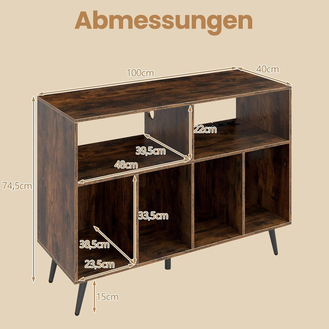COSTWAY Plattenspielerständer mit Ladestation, Plattenspielerschank mit Vinyl-Aufbewahrungsregalen,