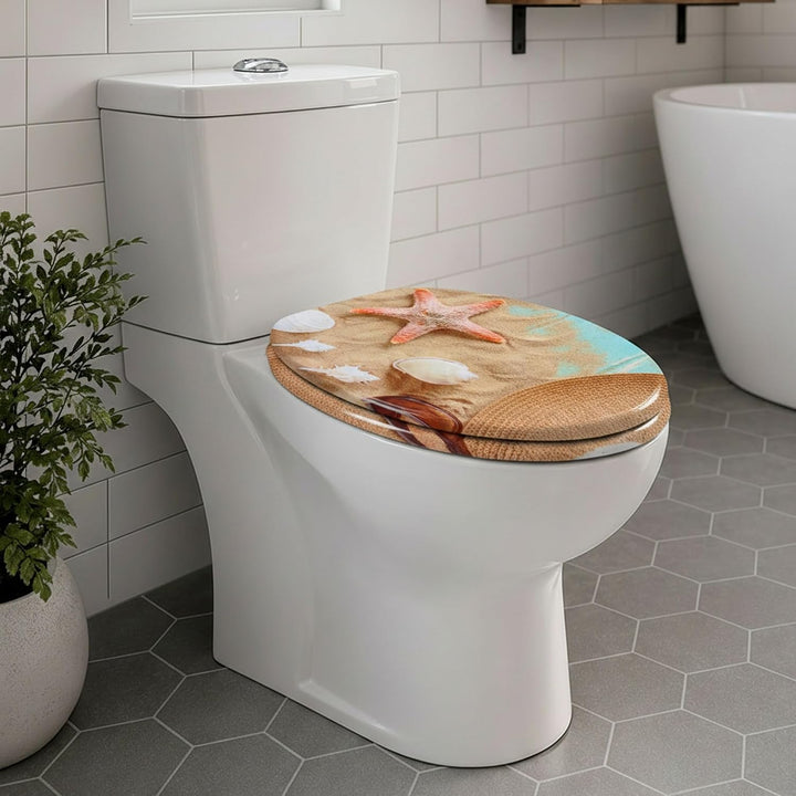 SINOBATH WC Sitz mit Absenkautomatik, Hochwertige und Stabile Qualität aus Holz Muscheln Vom Strand.