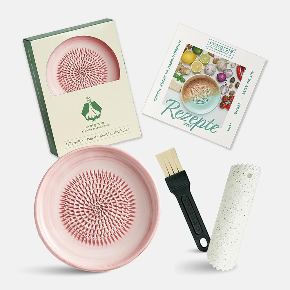 Evergrate® Keramikreibe Rosé mit Geschenkbox – mit Reibe, Knoblauchschäler, Rezeptheft & Pinsel – Ha