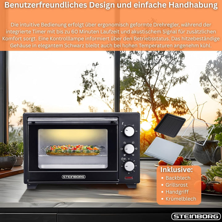 Mini Backofen 25 Liter | Pizza-Ofen | 3in1 Backofen | Minibackofen | Miniofen | Krümelblech | Ober-/