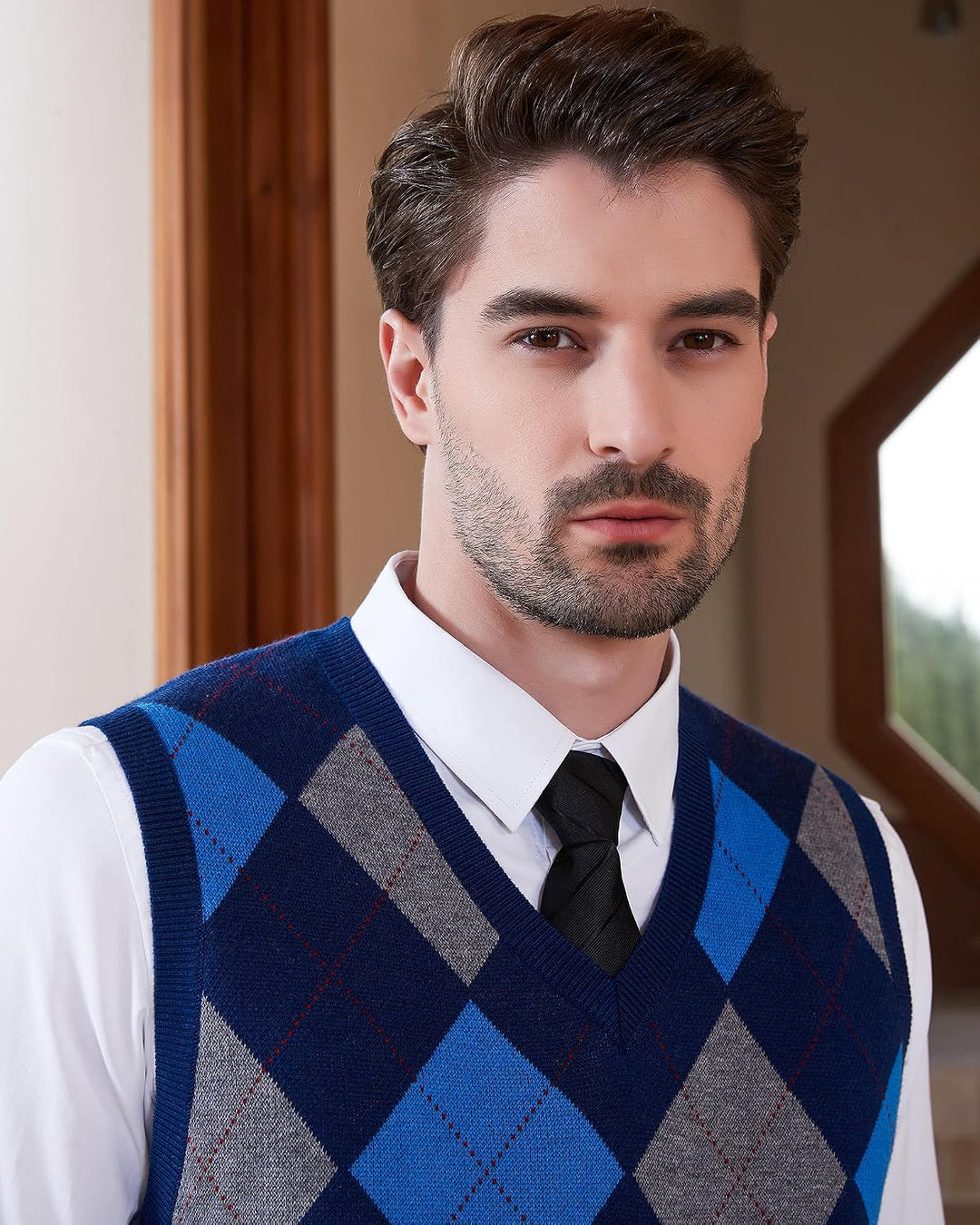 Kallspin Herren Argyle Gestrickt Ärmellos Pullover Wollmischung V-Ausschnitt Strickwesten M Marinebl