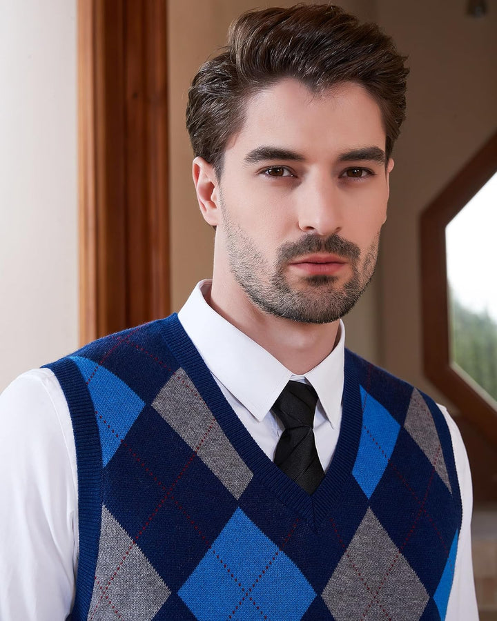 Kallspin Herren Argyle Gestrickt Ärmellos Pullover Wollmischung V-Ausschnitt Strickwesten XXL Tall M
