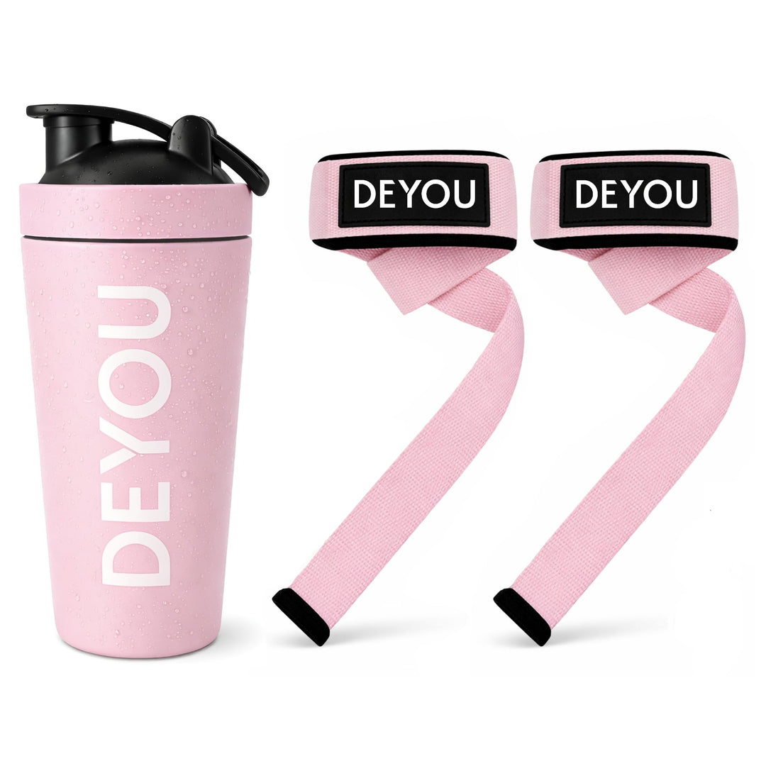 DEYOU Bundle – Edelstahl Shaker 750 ml + Zughilfen mit Polsterung & Meshbag – BPA-frei, Auslaufsiche
