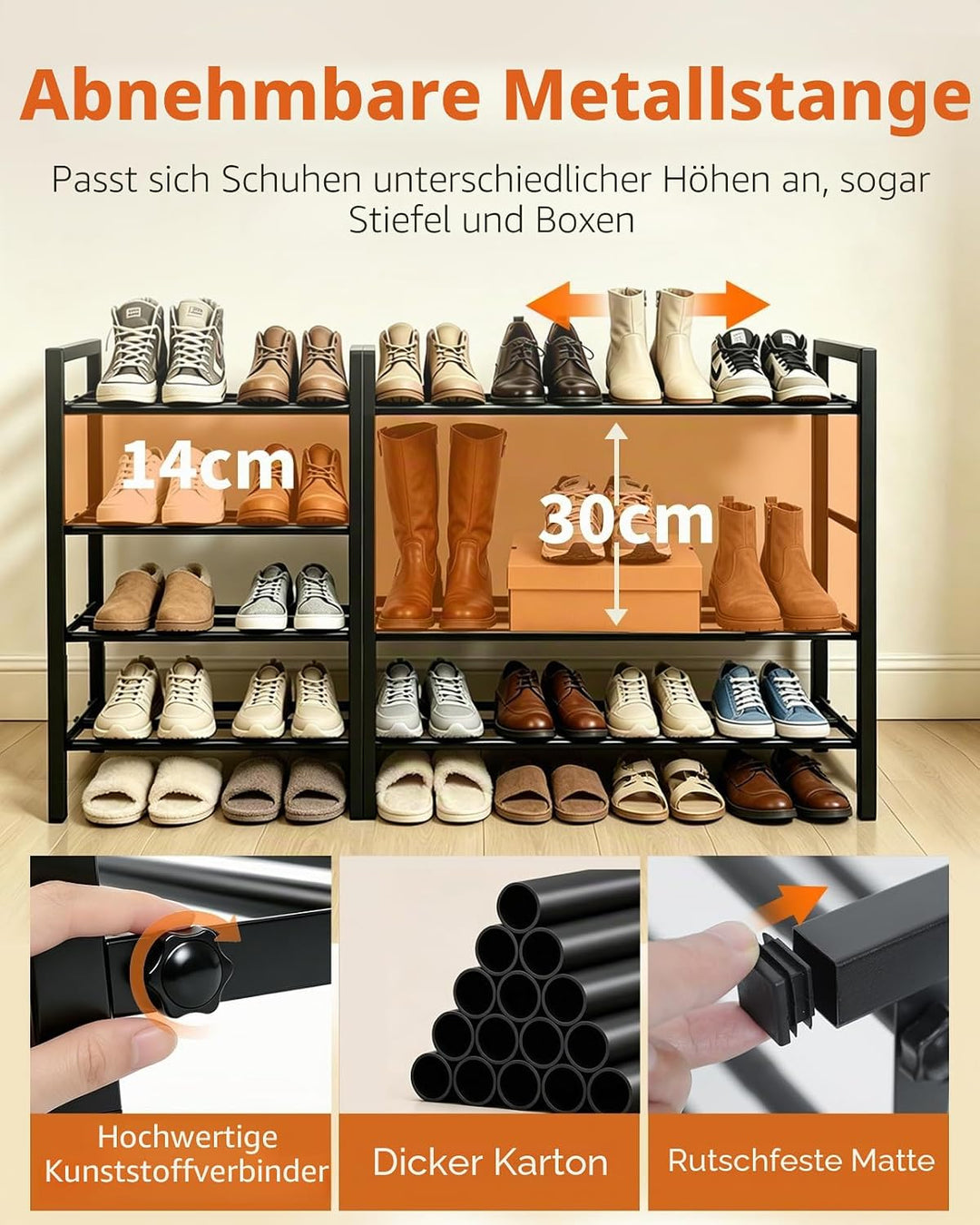 Ausziehbares Schuhregal Schmal, 4 Ebenen Adjustable Schuhregal Metall, Breite 43 to 78cm, Standregal