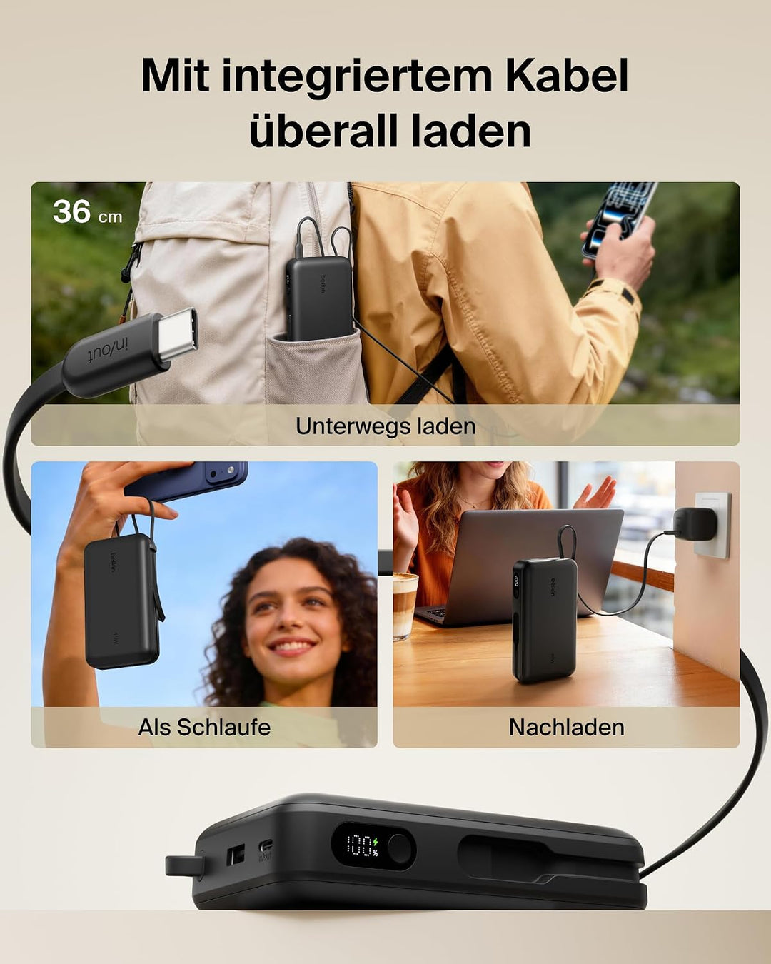 Belkin UltraCharge 20000mAh Power Bank, USB-C-Kabel und Anzeige – Schwarz, Schwarz