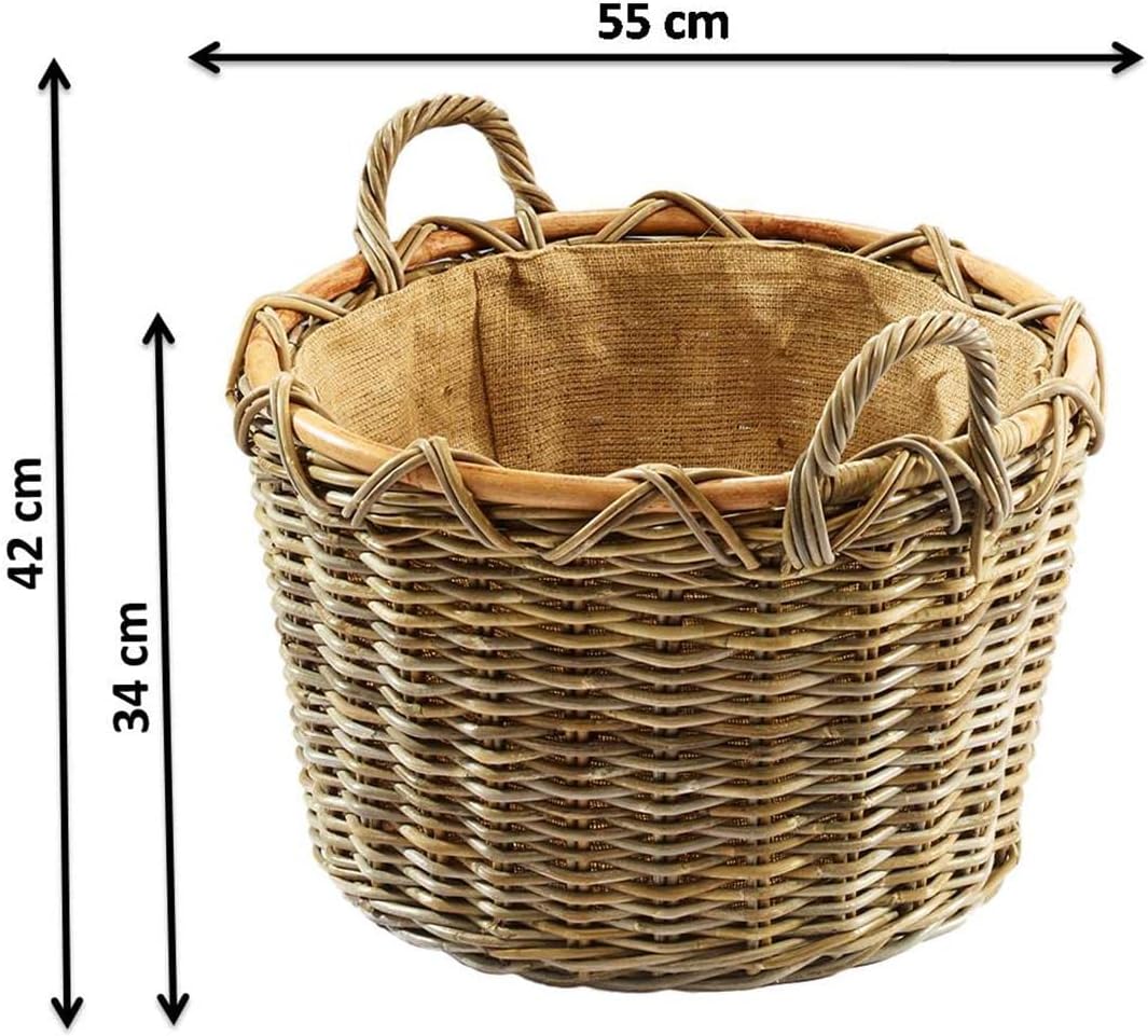 Kobolo Kaminkorb Holzkorb für Kaminholz rund Kubu grey-antique - aus Rattan mit Griffen und herausne