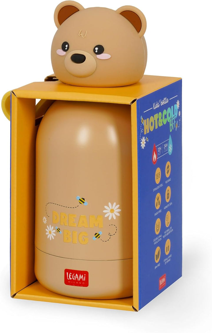 Legami - Hot&Cold BFF Kinder-Wasserflasche, Teddy Bear-Motiv, doppellagig aus 18/8 Edelstahl mit luf