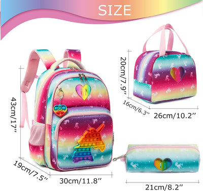 HTgroce Schulranzen Mädchen für Mädchen Pop it Rucksack Schulranzen Mädchen Set 3 in 1 mit Lunch Bag