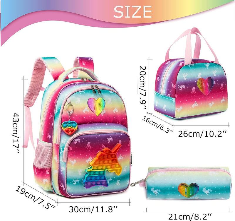 HTgroce Schulranzen Mädchen für Mädchen Pop it Rucksack Schulranzen Mädchen Set 3 in 1 mit Lunch Bag