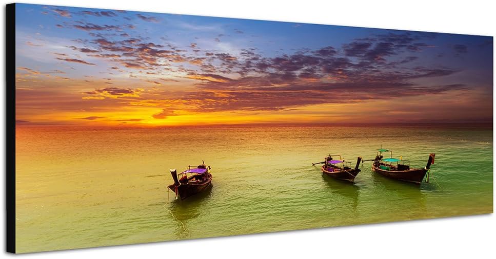Paul Sinus Art Panoramabild auf Leinwand und Keilrahmen 150x50cm Thailand Strand Meer Boote Abendrot