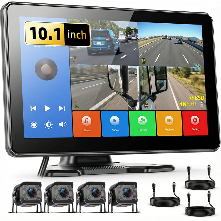 CAMECHO Rückfahrkamera 4 Kameras Set 10,1" IPS HD Monitor 4 Geteilte Rück und Vorder Kamera Weitwink