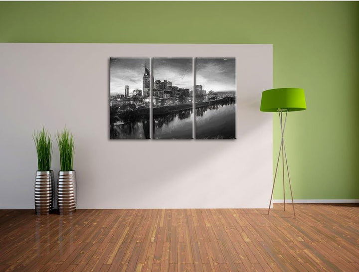 Pixxprint Nashville Skyline Panorama Kunst Kohle Effekt 3-Teiler Leinwandbild 120x80 Bild auf Leinwa