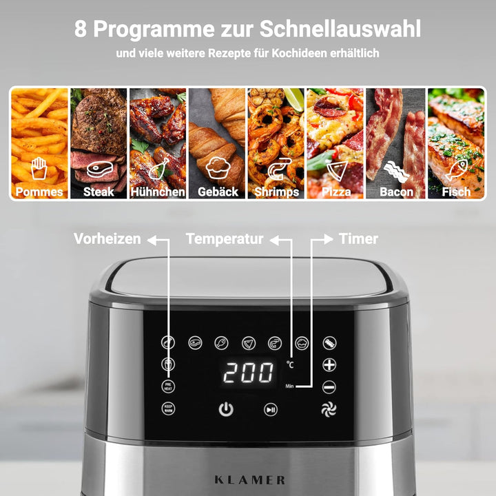 KLAMER Heissluftfritteuse 3,5L, Multifunktionale Mini Heissluftfritteuse, ölfreie Fritteuse, 1500W A