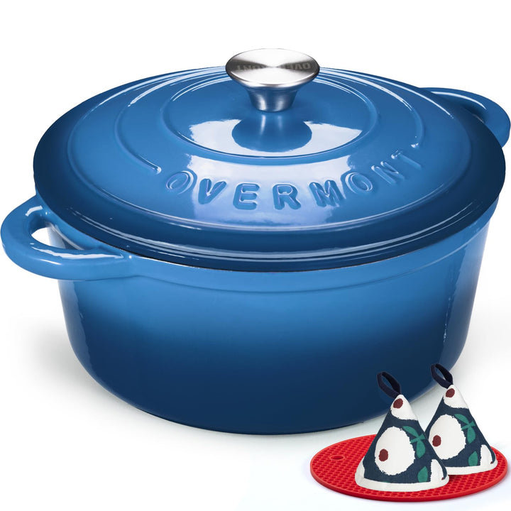 Overmont Bräter emaille Gusseisen Topf - Schmortopf 24cm backofengeeignet - mit Deckel und Kochbuch