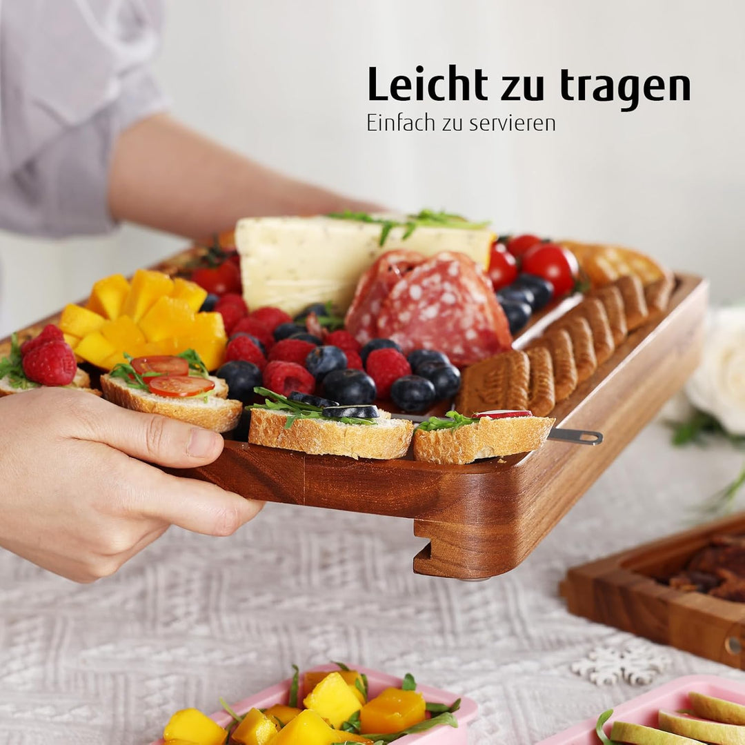 hecef Käseplatte Holz, Grosses käsebrett mit messern, Dessertgabeln, 2 Magnet-Schubladen & rosa Sili