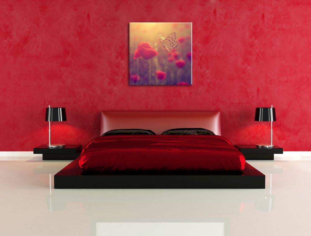 Mohn und Schmetterling, Format: 70x70 auf Leinwand, XXL riesige Bilder fertig gerahmt mit Keilrahmen