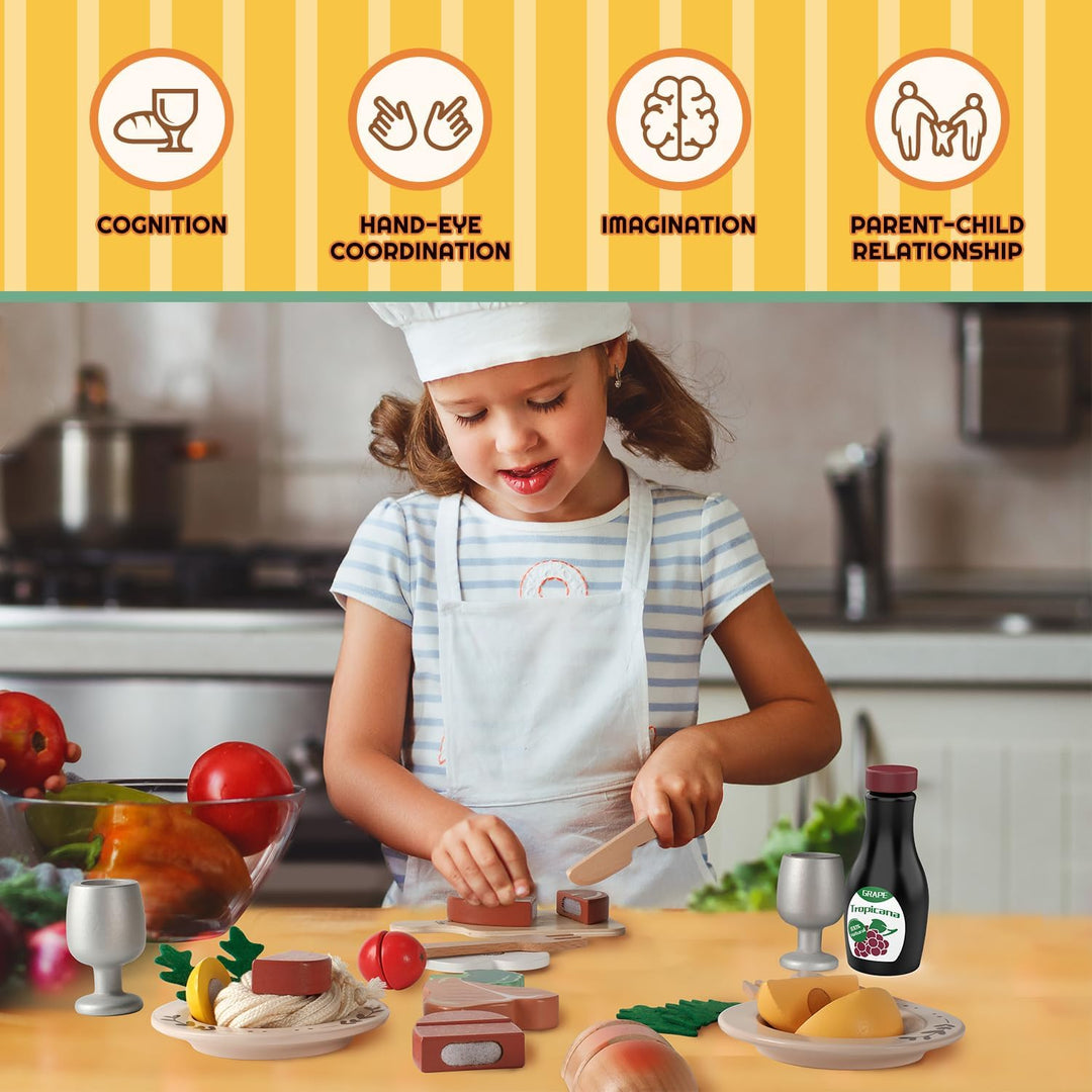 Holz Spielen Essen für Kinder, Steak Spielzeug, Küchenzubehör Set, Restaurant Spielen für 3 + Jungen