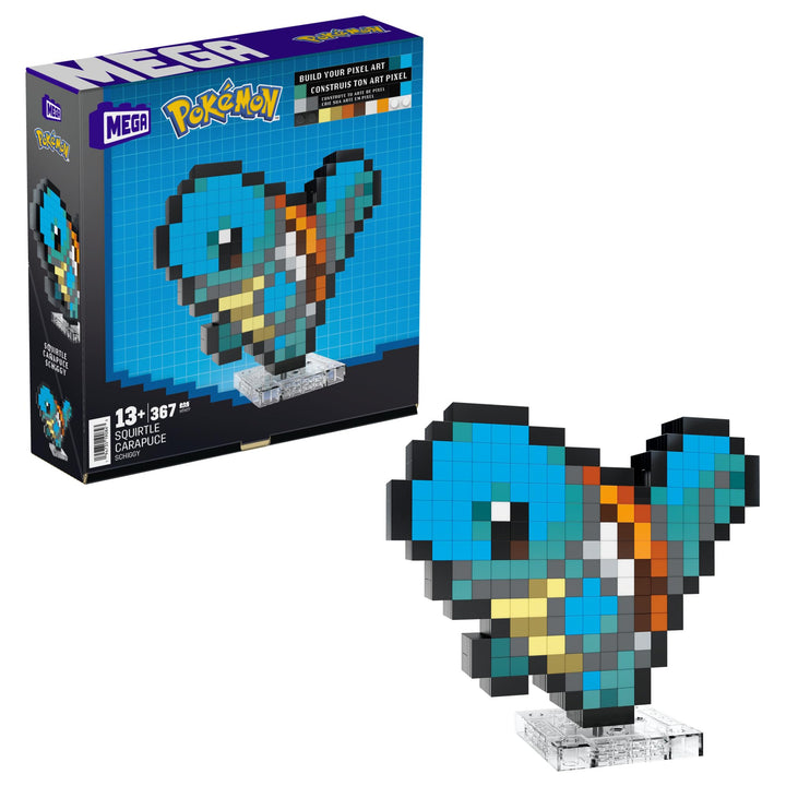 MEGA Pokémon Schiggy - zusammenbaubare Figur im Retro-Look, Pixel Art, 15 cm gross, inklusive Basis