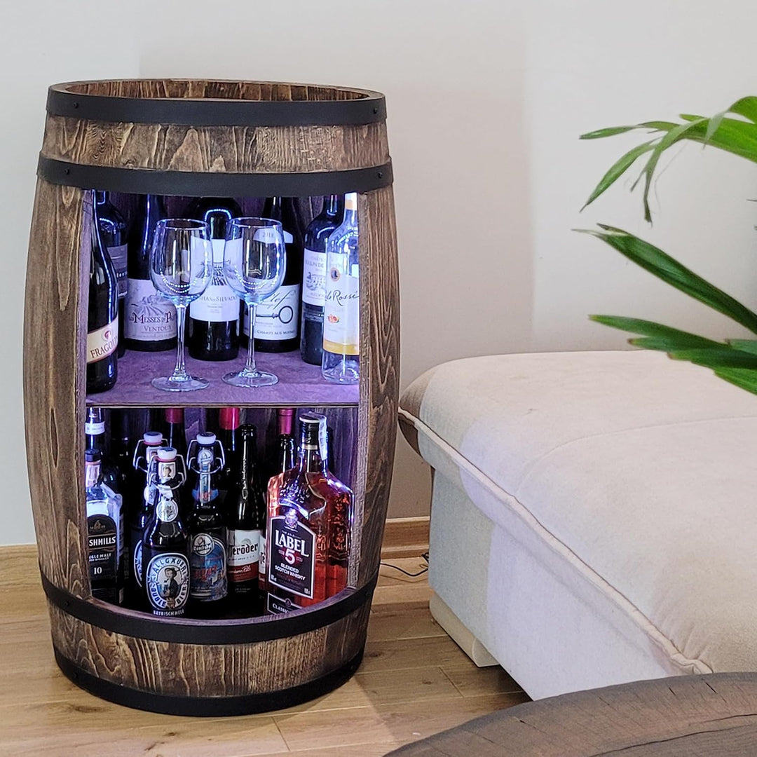 weeco Weinfass als Weinregal - Weinschrank Barschrank LED-Leuchten, Bar Tisch aus Holzfass, Wein Rac