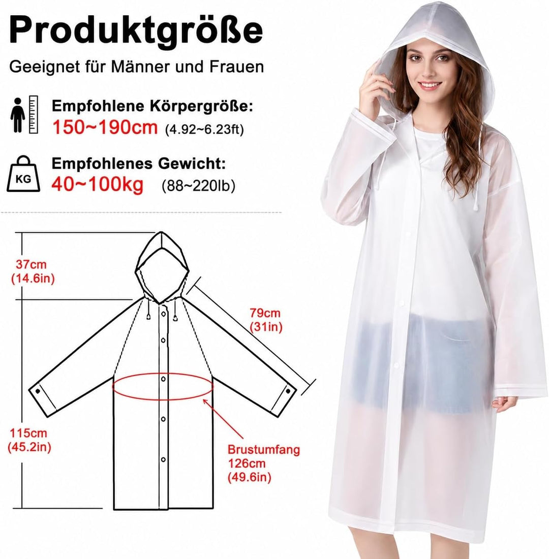 2 Stück Regenponcho Regencape Wiederverwendbar Regenmantel mit Kaputze Wasserdicht Transparent Regen