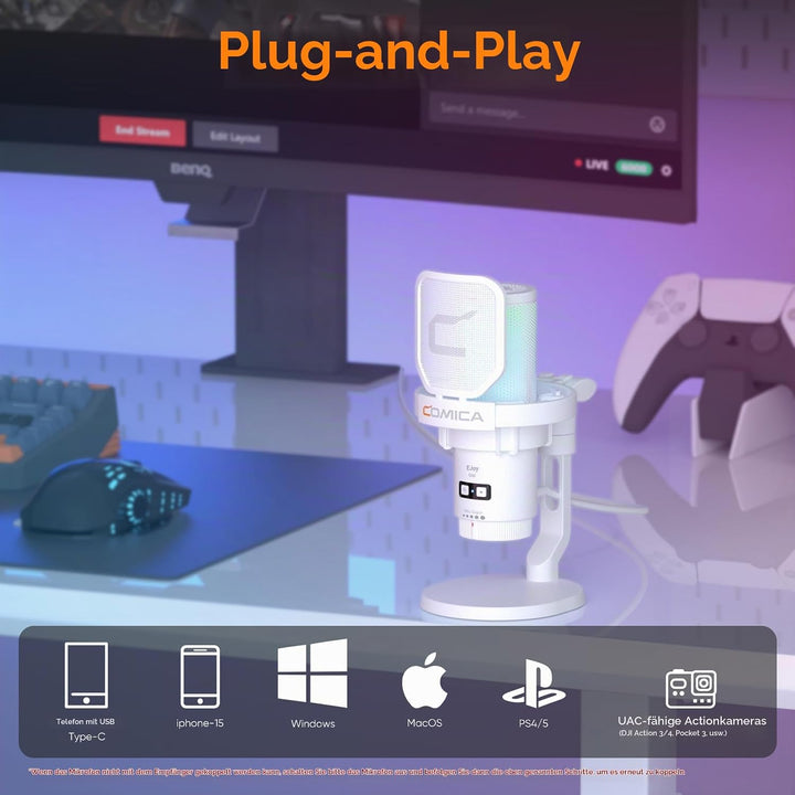 COMICA EJoy Uni USB Gaming Mikrofon für PC mit Rauschunterdrückung, Monitor, Gain, Stummschaltung, R