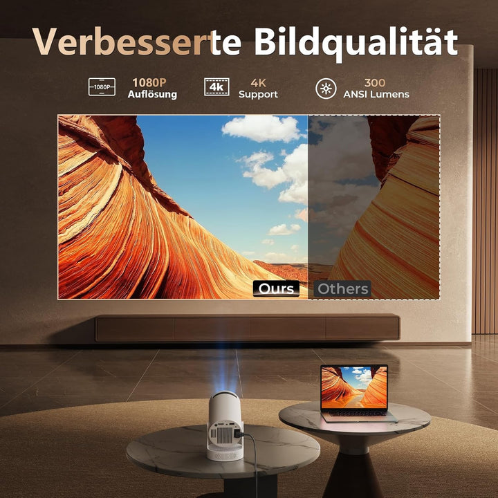 Smart Mini Beamer, Upgraded Hi-Fi Mini-Projektor mit 4K-1080P-Unterstützung, 300 ANSI-Lumen, WIFI6 &