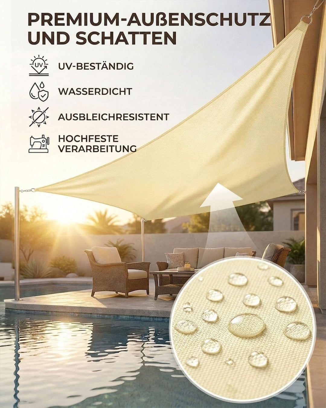 Sonnensegel Rechteckig 2x3m mit Befestigungsset, HDPE Gewebe wasserdicht und reissfest, UV-Schutz, w