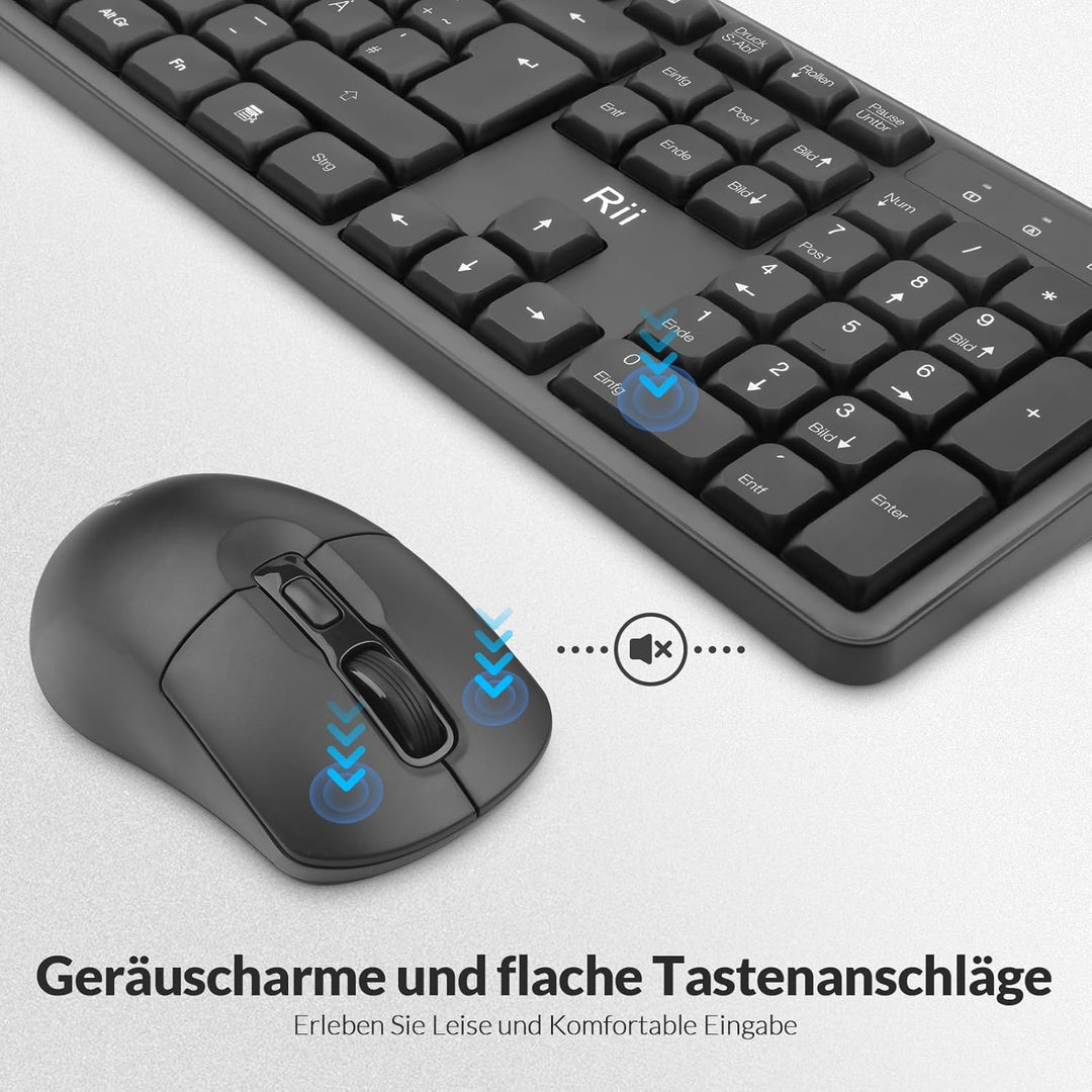 Rii Tastatur Maus Set Kabellos, 2.4 GHz Leise Funktastatur mit Maus, Wireless Keyboard and Mouse, fü